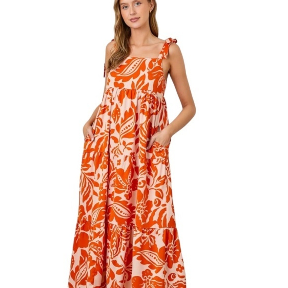 Polagram Orange Tropical Floral Shoulder Tie Tiered Midi Dress